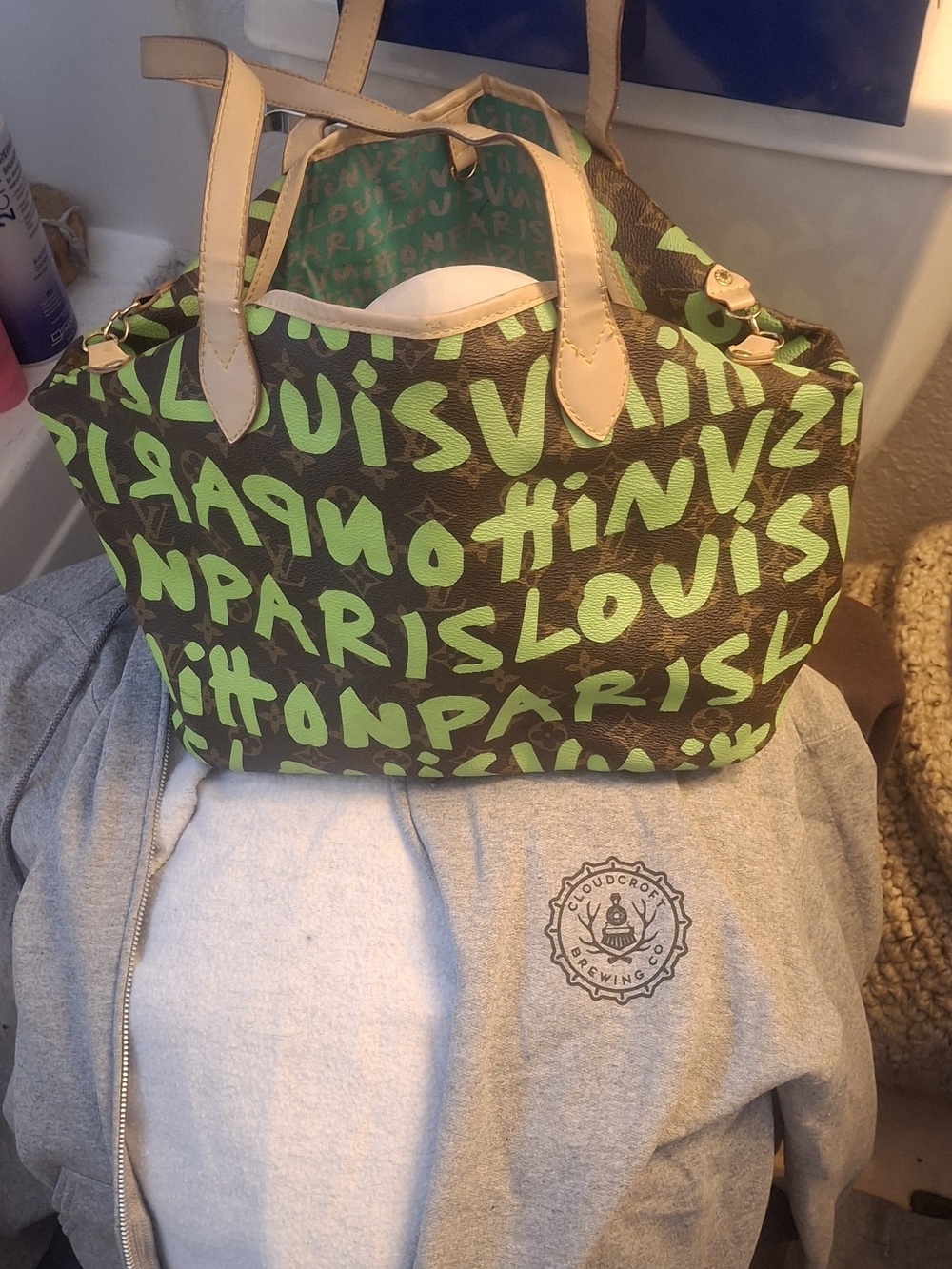 Lime Green Leather Monogram  Graffiti Tote Bag